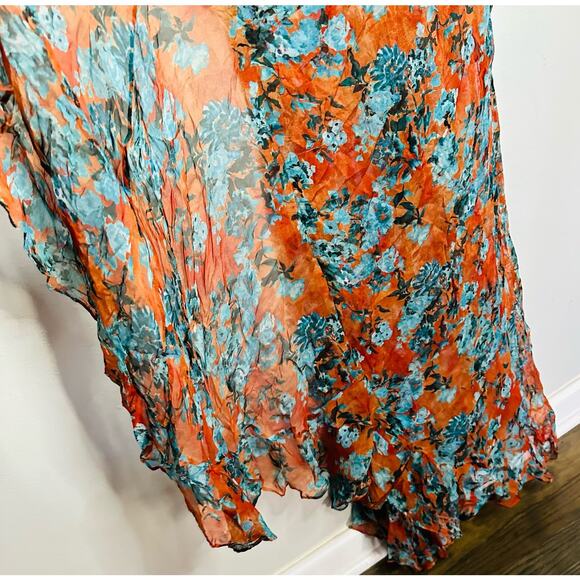 CAROLINE CONSTAS 100% Silk Orange Teal Floral Vivian V-Neckline Dress Size Large - Picture 14 of 16